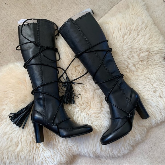 Ulla Johnson Atlas Moccasin Raven Black Bohemian Wrap Braided Knee Boots 5 - Picture 1 of 16
